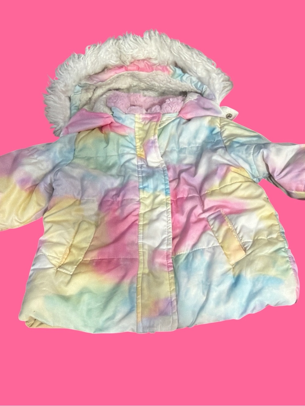 C&C California Girls Pastel Tie-Dye Puffer Jacket with Cream Sherpa - Size 5
